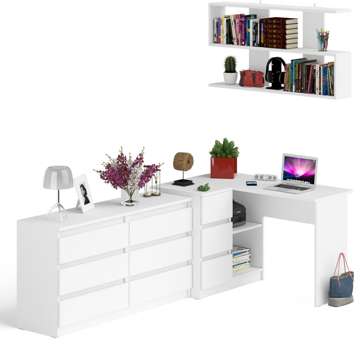 Мори компьютерный стол МС-16 левый + Комод МК1380.6 + Полка 1200, белый