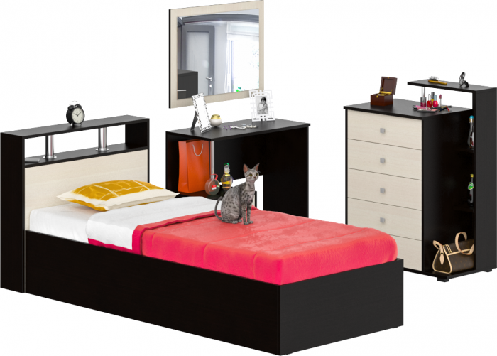 Камелия спальня № 7 Кровать 900 + Стол косметический + Зеркало + Комод, цвет венге/дуб лоредо, сп.м. 900х2000 мм., б/м, основание есть