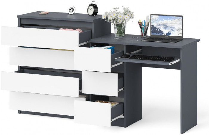 Мори Стол компьютерный МС-6 левый + Комод МК800.4, цвет графит/белый, ШхГхВ 170,4х50х94 см., выдвижные ящики слева, НЕ универсальная сборка