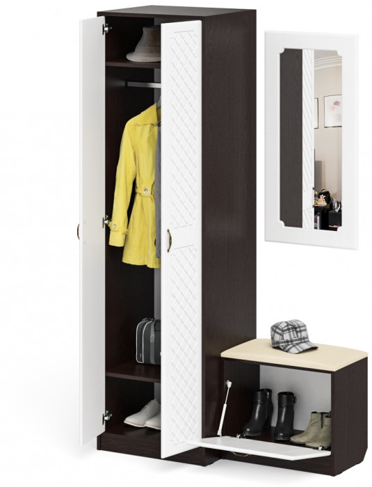 Прихожая П-6 Компоновка № 11, венге/фасады МДФ белое дерево фрезеровка ромб