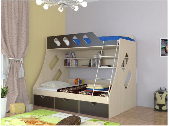 Дельта-20.01 Детская двухъярусная кровать с лестницей (Розовый, Ясень шимо светлый)