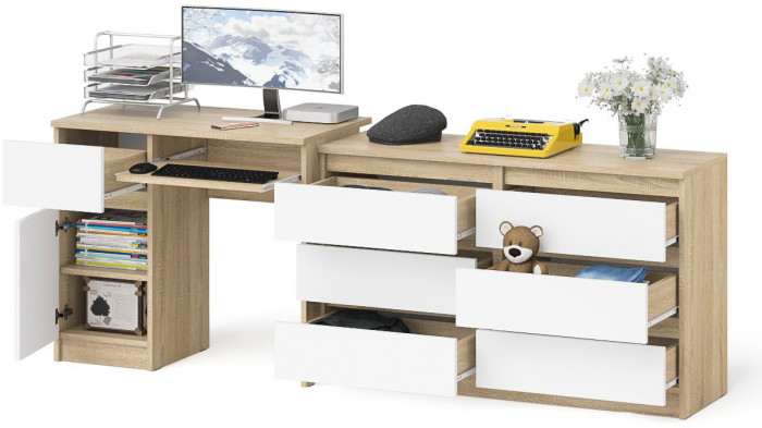 Мори компьютерный стол МС-1 левый + Комод МК1200.6, дуб сонома/белый