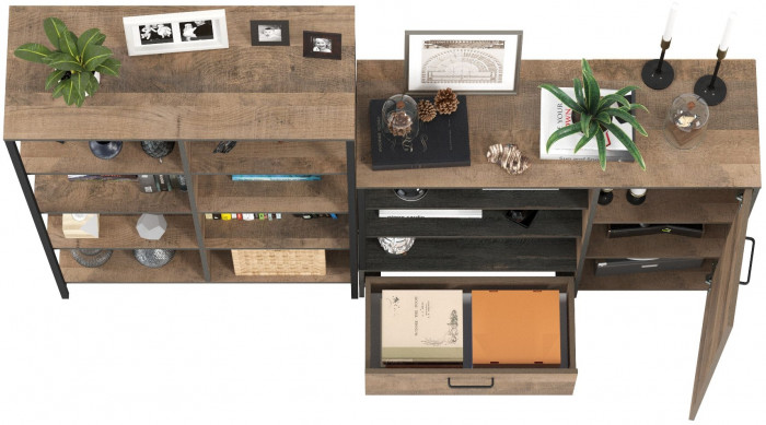 Трувор 13.151.02 Стеллаж + 13.307.01 Комод, цвет дуб гранж песочный/интра, ШхГхВ 199х37х146 см., универсальная сборка