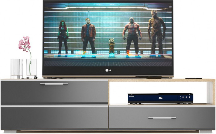 Тумба под ТВ Ларго 1,4, цвет корпус дуб сонома/фасады МДФ графитово-серый глянец, ШхГхВ 140х46х35 см., НЕ универсальная сборка