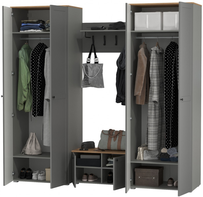 Остин Прихожая 31, цвет серый графит/дуб крафт золотой, ШхГхВ 240х54,3х229,6 см., универсальная сборка