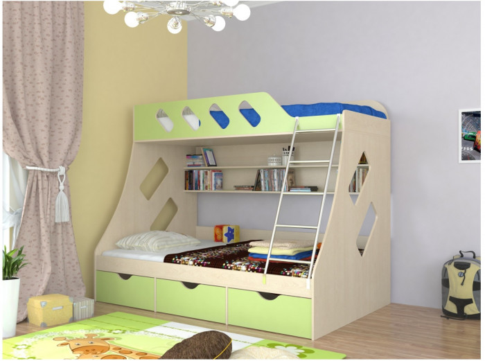 Дельта-20.01 Детская двухъярусная кровать с лестницей (Салатовый, Дуб молочный)
