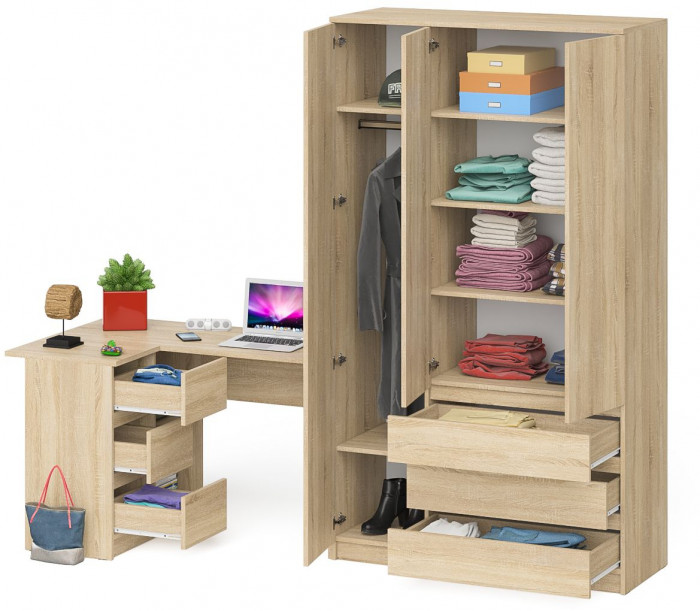 Мори Стол компьютерный МС-16 левый + Шкаф МШ1200.1, цвет дуб сонома, ШхГхВ 244,8х84,9х209,6 см., выдвижные ящики слева, НЕ универсальная сборка
