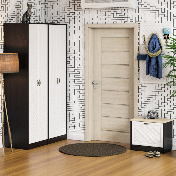 Прихожая П-6 Компоновка № 09, цвет венге/фасады МДФ белое дерево фрезеровка ромб, ШхГхВ 180х50х210 см., универсальная сборка