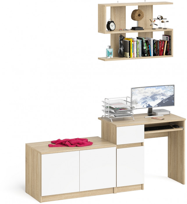 Мори Стол компьютерный МС-1 левый + Тумба МА900.1 + Полка 900, цвет дуб сонома/белый, ШхГхВ 180,4х50,4х209,6 см., НЕ универсальная сборка