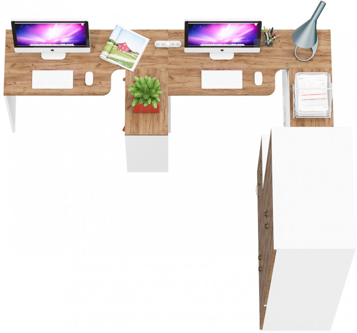 Лидер-8 Стол + Стол + Шкаф МД 19Б + Тумба МД 3.16, белый шагрень/крафт золото