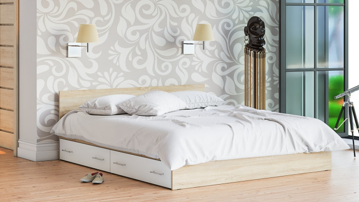 Мори Кровать с ящиками 1800, дуб сонома/белый