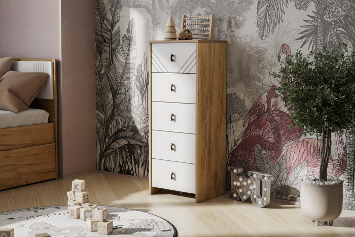 Комод 5 ящиков Байкал, Дуб золотой, Белый матовый