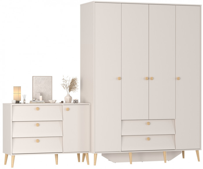 Афина Спальня Шкаф 4-х дверный + Комод с дверкой и тремя ящиками, цвет кашемир серый, ШхГхВ 160х56,3х220 + 110х45,3х83 см., универсальная сборка