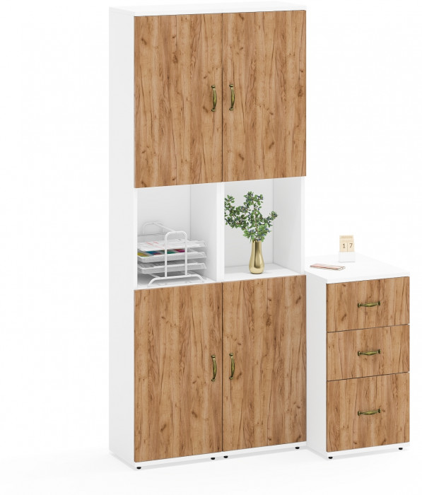 Лидер-8 Пенал + Пенал + Тумба МД 3.16, белый шагрень/крафт золото