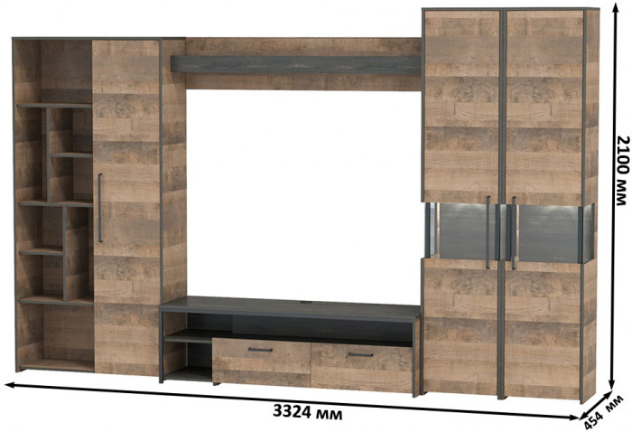 Трувор Гостиная 033, цвет дуб гранж песочный/интра, ШхГхВ 332,4х45,4х210 см., универсальная сборка