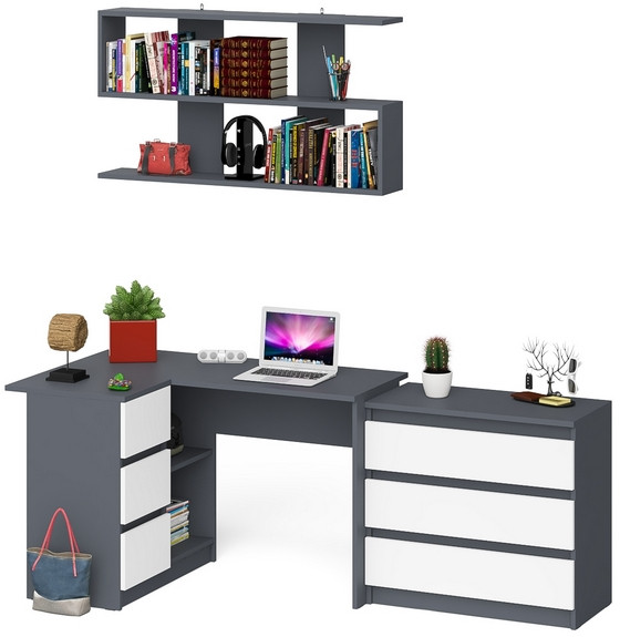 Мори компьютерный стол МС-16 левый + Комод МК800.1 + Полка 1200, графит/белый
