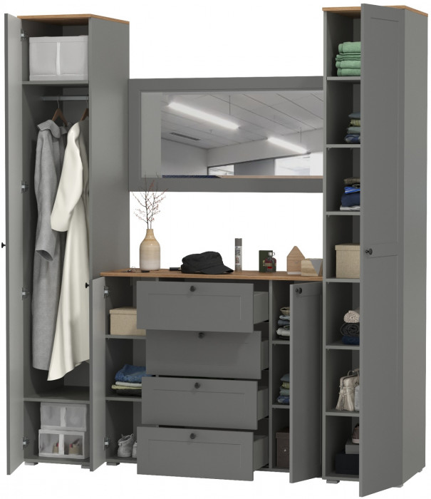 Остин Прихожая 32, цвет серый графит/дуб крафт золотой, ШхГхВ 200х54,3х229,6 см., универсальная сборка