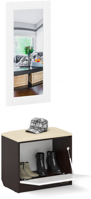 Прихожая П-6 Тумба + Зеркало, цвет венге/фасады МДФ белое дерево фрезеровка прованс, ШхГхВ 60х35х200 см.