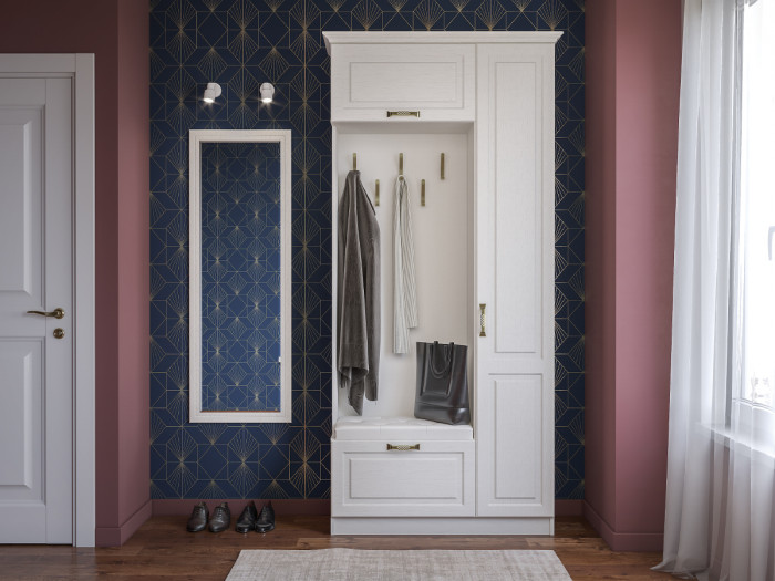 Ливерпуль Шкаф многоцелевого назначения 13.21 + карниз + Зеркало 03.242, ясень ваниль/белый