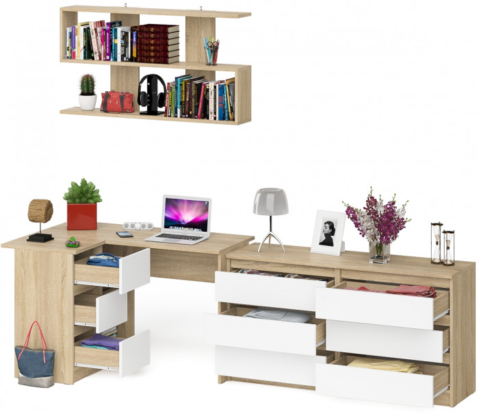 Мори компьютерный стол МС-16 левый + Комод МК1380.6 + Полка 1200, дуб сонома/белый