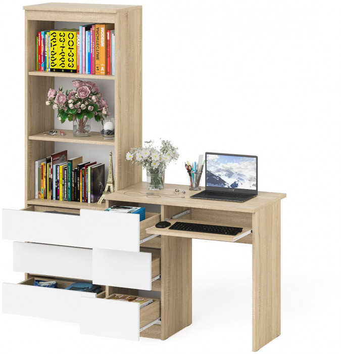 Мори компьютерный стол МС-6 левый + Стеллаж МСТ600.3, дуб сонома/белый