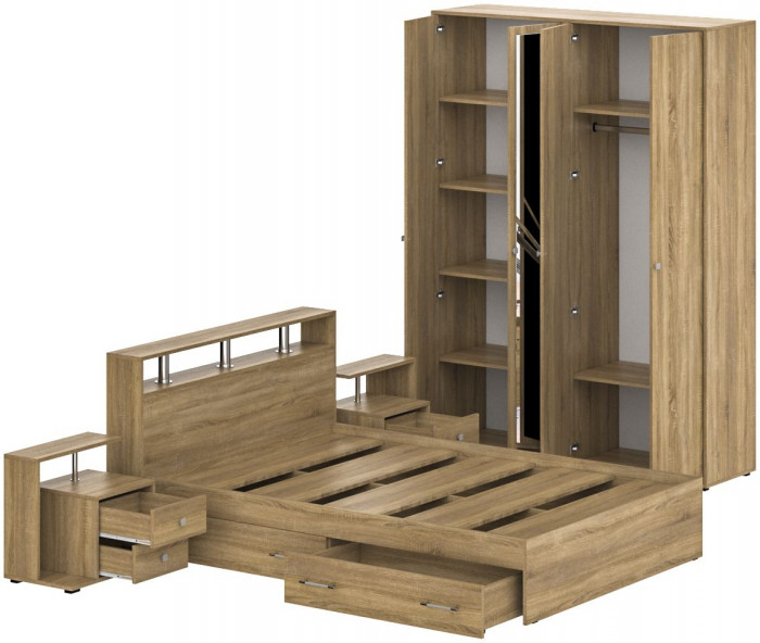 Камелия спальня № 8 Кровать с ящиками 1400 + Две тумбы + Шкаф 4-х створчатый, цвет дуб сонома, сп.м. 1400х2000 мм., б/м, основание есть