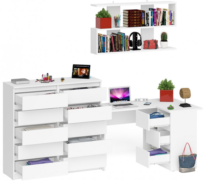 Мори компьютерный стол МС-16 правый + Комод МК1200.10 + Полка 1200, белый