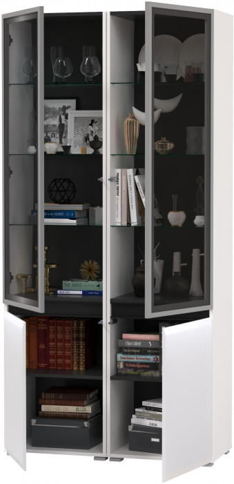 Сидней 13.201 Шкаф-витрина 2 штуки, корпус: белый/чёрный/фасады: МДФ белый глянец/прозр. стекло с серой тонир.