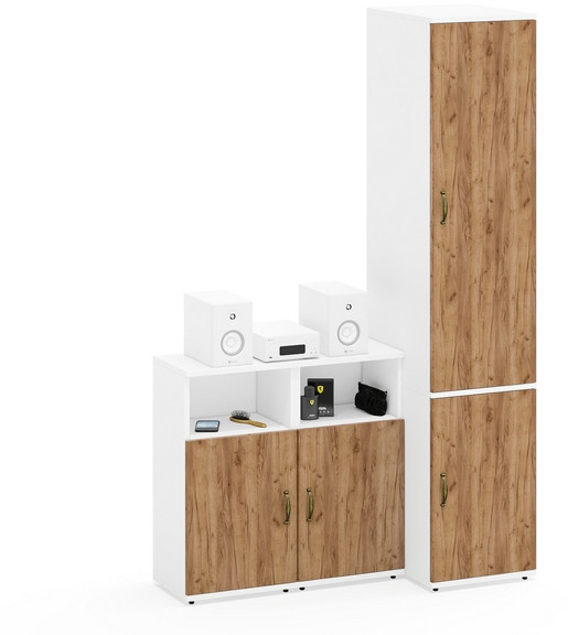 Лидер-8 Пенал МД 23Б + Тумба МД 3.19 + Тумба МД 3.19, белый шагрень/крафт золото