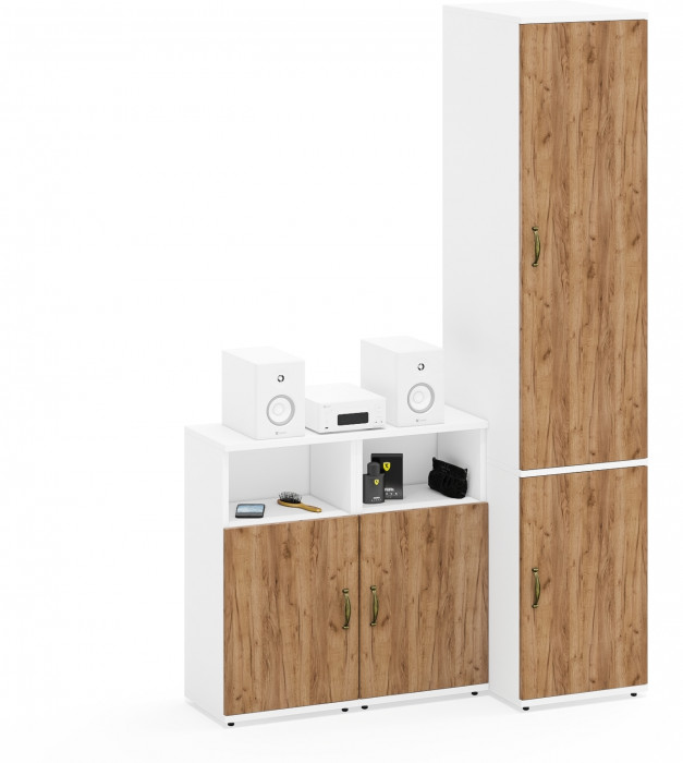 Лидер-8 Пенал МД 23Б + Тумба МД 3.19 + Тумба МД 3.19, белый шагрень/крафт золото