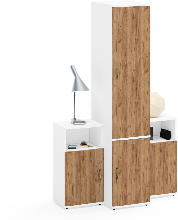 Лидер-8 Пенал МД 23Б + Тумба МД 3.19 + Тумба МД 3.19, белый шагрень/крафт золото