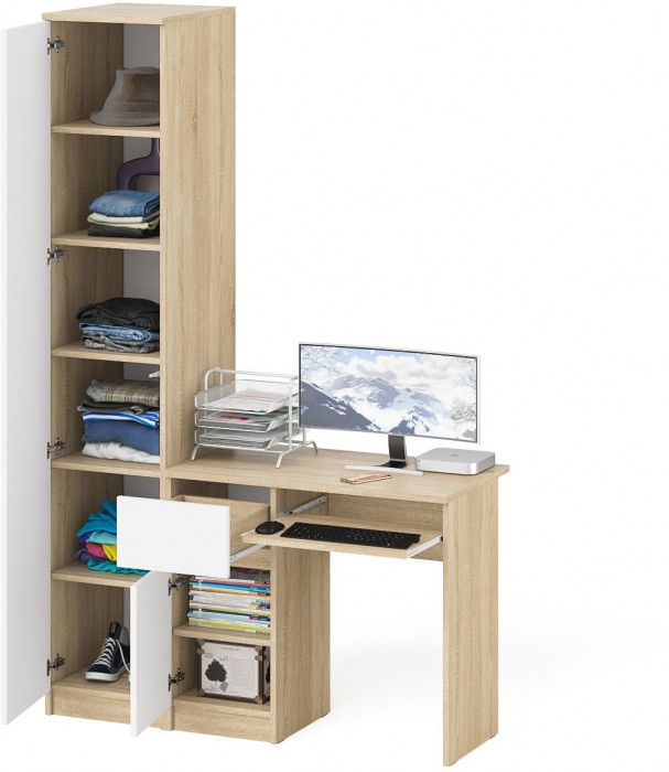 Мори Стол компьютерный МС-1 левый + Пенал МШ400.1, цвет дуб сонома/белый, ШхГхВ 130,4х50,4х209,6 см., выдвижной ящик слева, НЕ универсальная сборка