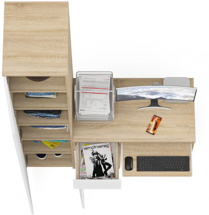 Мори Стол компьютерный МС-1 левый + Пенал МШ400.1, цвет дуб сонома/белый, ШхГхВ 130,4х50,4х209,6 см., выдвижной ящик слева, НЕ универсальная сборка