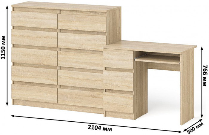 Мори Стол компьютерный МС-6 левый + Комод МК1200.10, цвет дуб сонома, ШхГхВ 210,4х50х115 см., выдвижные ящики слева, НЕ универсальная сборка