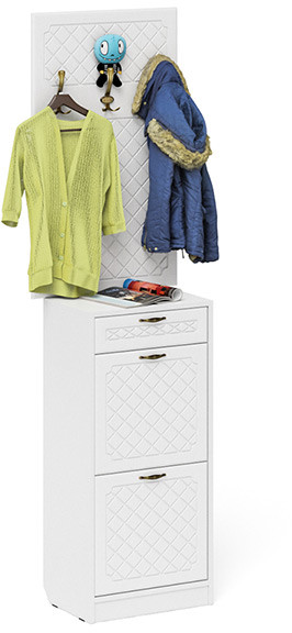 Прихожая П-6 Тумба для обуви 2 секции + Вешалка, цвет белая шагрень/фасады МДФ белое дерево фрезеровка ромб, ШхГхВ 50х35х210 см.