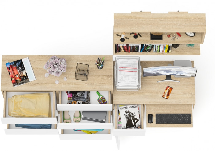 Мори компьютерный стол МС-1 левый + Комод МК1200.8 + Полка 900, дуб сонома/белый