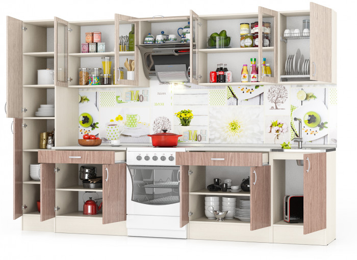 Кухня Мери 10 ШВ500+ШВС800+ШВв600+ШВС800+Пенал кухонный 40 см.+ШНМ500+ШН1Я800+ШН1Я800, дуб/ясень шимо светлый/тёмный