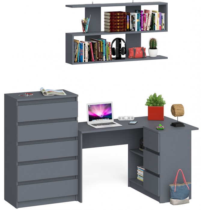 Мори компьютерный стол МС-16 правый + Комод МК700.5 + Полка 1200, графит