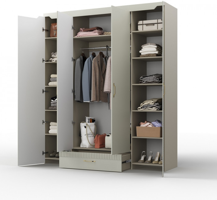 Шкаф 4-х дверный с ящиком "Карлин" - Белый текстурный/Корунд джелато