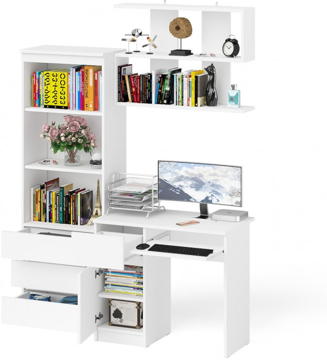 Мори Стол компьютерный МС-1 левый + Стеллаж МСТ600.3 + Полка 900, цвет белый, ШхГхВ 150,4х50х209,6 см., НЕ универсальная сборка