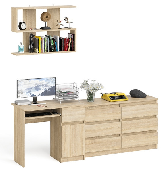Мори Стол компьютерный МС-1 правый + Комод МК1200.6 + Полка 900, цвет дуб сонома, ШхГхВ 210,4х50х209,6 см., НЕ универсальная сборка
