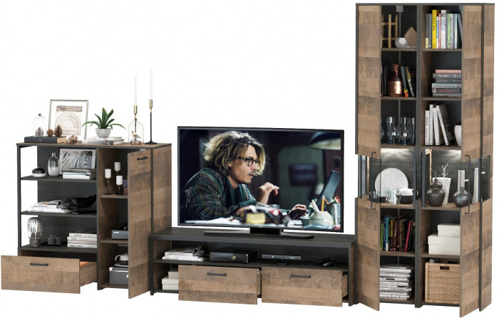 Трувор Гостиная 036, цвет дуб гранж песочный/интра, ШхГхВ 348,4х45,4х210 см., универсальная сборка