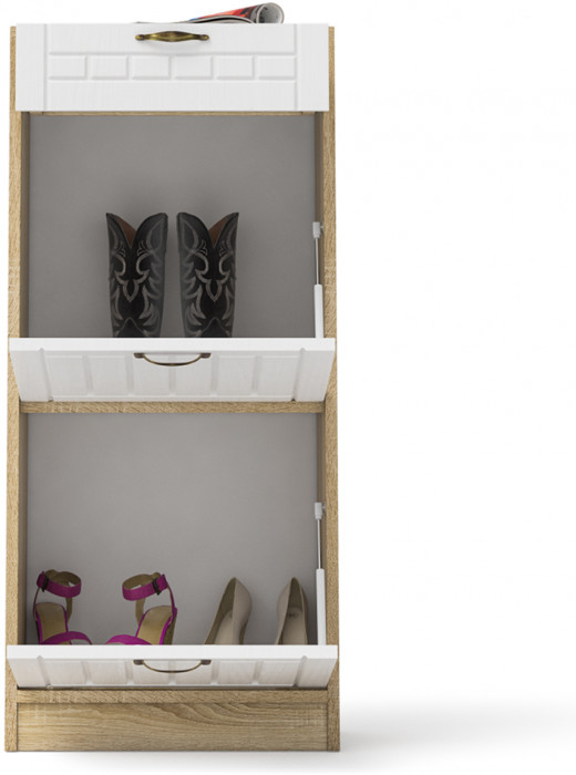 Прихожая П-6 Тумба для обуви 2 секции, дуб сонома/фасады МДФ белое дерево фрезеровка прованс