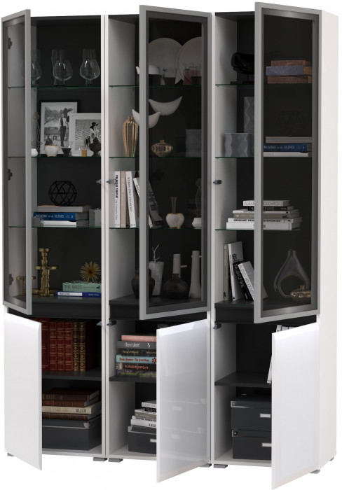 Сидней 13.201 Шкаф-витрина 3 штуки, корпус: белый/чёрный/фасады: МДФ белый глянец/прозр. стекло с серой тонир.