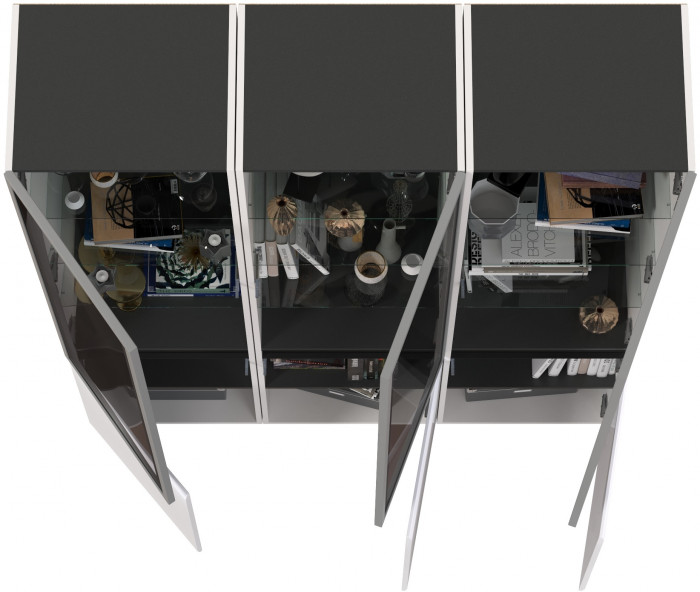 Сидней 13.201 Шкаф-витрина 3 штуки, корпус: белый/чёрный/фасады: МДФ белый глянец/прозр. стекло с серой тонир.