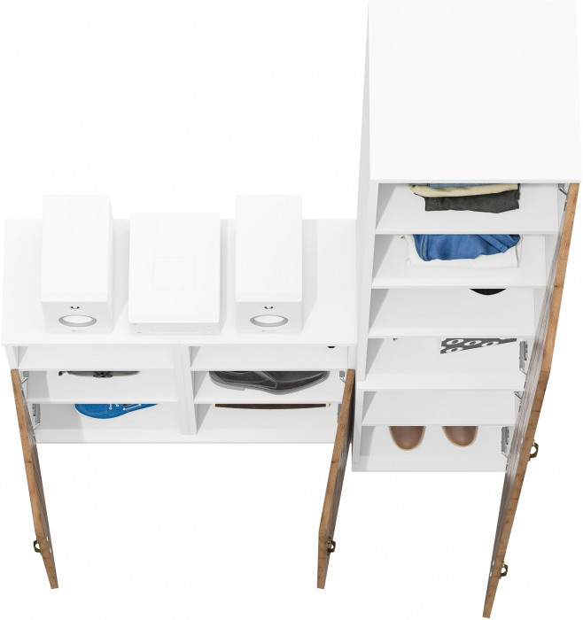 Лидер-8 Пенал МД 22Б + Тумба МД 3.19 + Тумба МД 3.19, цвет белый шагрень/крафт золото, ШхГхВ 120х37,5х190 см., универсальная сборка