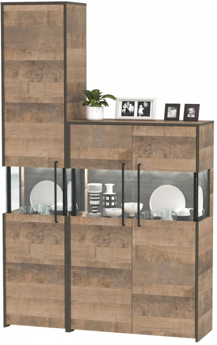 Трувор 13.205 Шкаф-пенал с витриной + 13.306 Комод с витриной, цвет дуб гранж песочный/интра, ШхГхВ 130,6х37х210 см., универсальная сборка