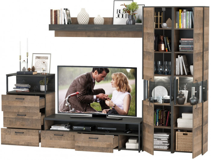 Трувор Гостиная 037, цвет дуб гранж песочный/интра, ШхГхВ 305,4х45,4х210 см., универсальная сборка