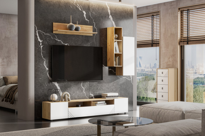 Тумба для ТВ Байкал, Дуб золотой, Белый матовый