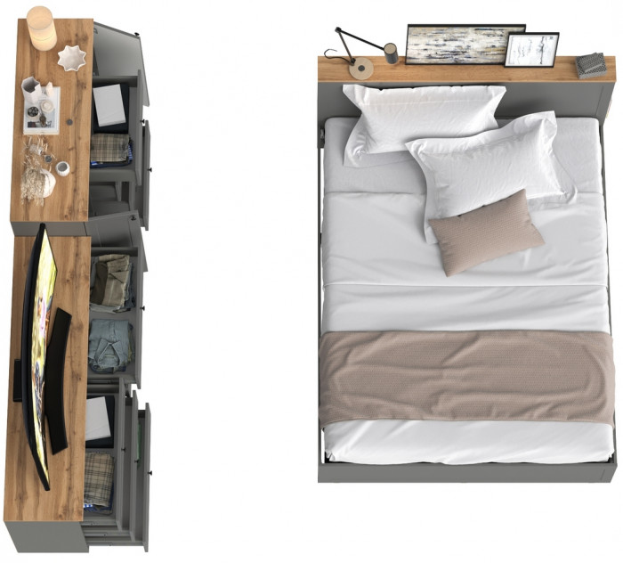 Остин 11.53 Кровать + ортопед + 16.240 Комод + 16.221 Комод, серый графит/дуб крафт золотой